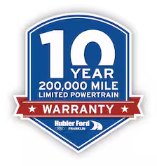 Blue shield warranty badge for Hubler Ford Franklin: 10 Year 200,000 Mile Limited Powertrain Warranty.