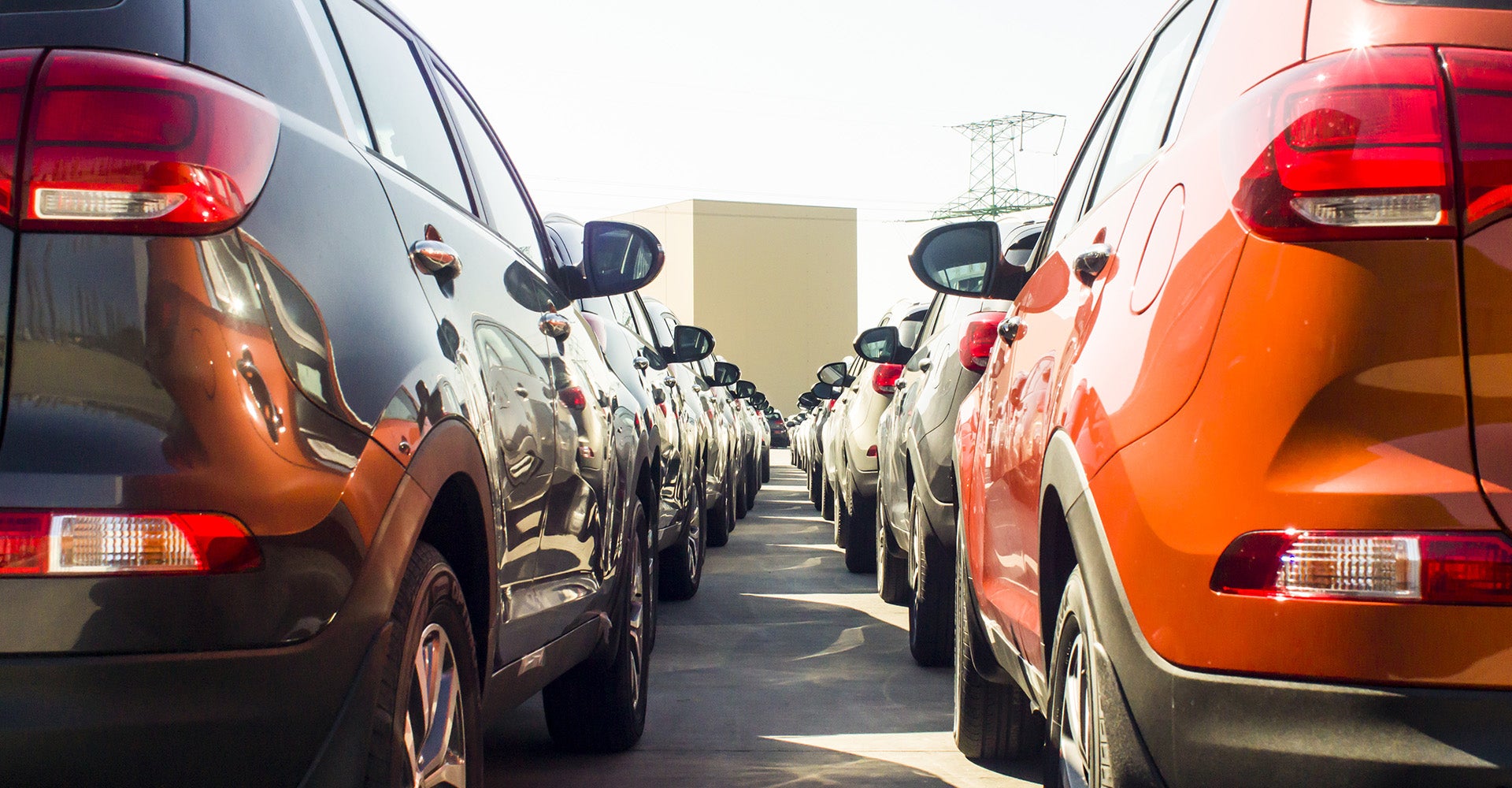 Rows of new cars in various colors, parked closely together in an outdoor lot on a sunny day.